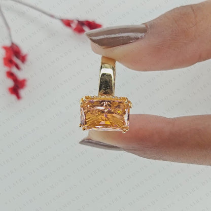 Radiant Cut Pink Moissanite Diamond Engagement Ring, Yellow Gold Pave Band, Unique Wedding Ring for Women