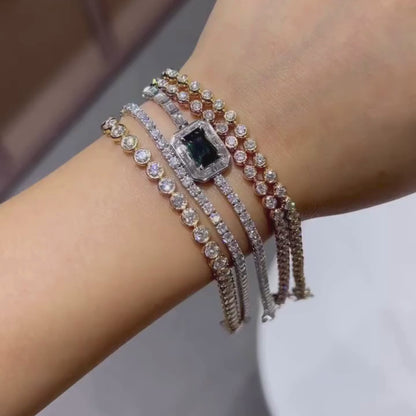 7.75 TWC Emerald Cut Green Stone Lab Grown Diamond Halo Bracelet in White Gold Baguette Diamond Tennis Bracelet