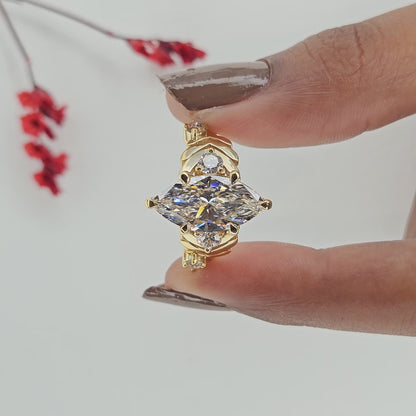 Marquise Cut Lab Grown Diamond Engagement Ring With Round Side Stone Diamonds, Vintage Rings Art Deco Vintage Gold Ring Nature Inspired Promise Ring Anniversary Gift for Her.