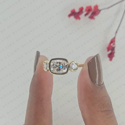 Elongated Cushion Cut Bezel Set Three Stone Lab Grown Diamond Engagement Ring Modern Gold Ring Minimalist Bridal Jewelry.