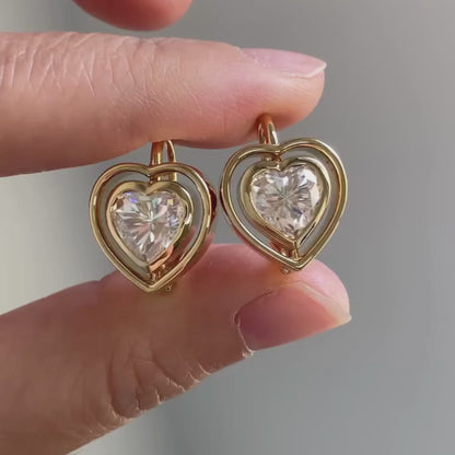 2.00 TCW Heart Shape Moissanite Diamond Drop Earrings in Gold Double Heart Halo Dangle Earrings for Women Minimalist Romantic Jewelry Gift