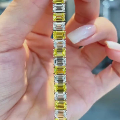 7.00 TCW Yellow & White Emerald Cut Lab Grown Diamond Tennis Bracelet in Gold Pastel Sapphire Style Statement Bracelet (Copy)