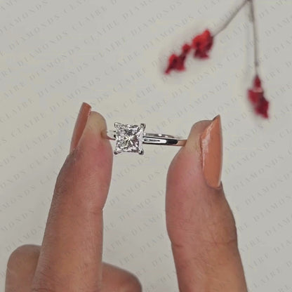 Princess Cut Lab Grown Diamond Solitaire Engagement Ring, Classic Four Prong White Gold Ring, Minimalist Proposal Ring