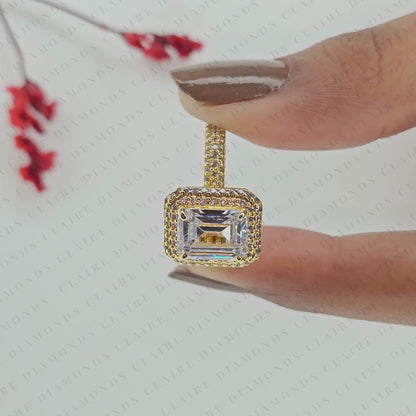 Emerald Cut Moissanite Diamond Halo Engagement Ring, Double Pavé Halo Yellow Gold Bridal Ring, Luxury Statement Ring