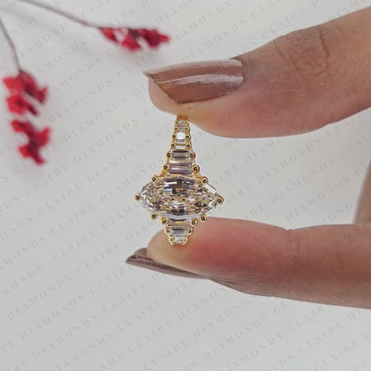 Moval Step Cut Moissanite Diamond Antique Engagement Ring in Yellow Gold Vintage Baguette Accent Ring