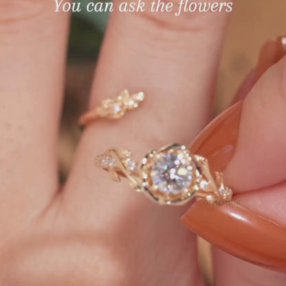 Nature Inspired  Round Moissanite Vintage Engagement Ring Set Art Deco Gold Bridal Wedding Ring Sets