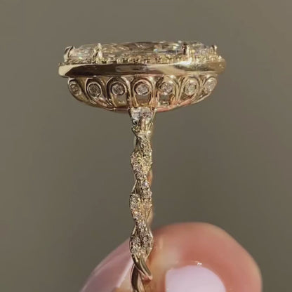 Marquise Cut Moissanite Diamond Ring Unique Tulip Set Twisted Band Ring