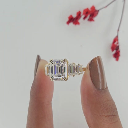 Emerald Cut Moissanite Diamond Engagement Ring in Yellow Gold | Side Stone Baguette Diamond Wedding Ring | Luxury Anniversary Ring for Women