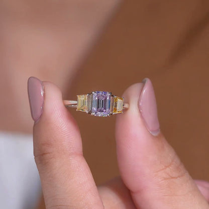 Elegant Emerald Cut Pink & Champagne Yellow Moissanite Diamond Three Stone Engagement Ring in Gold