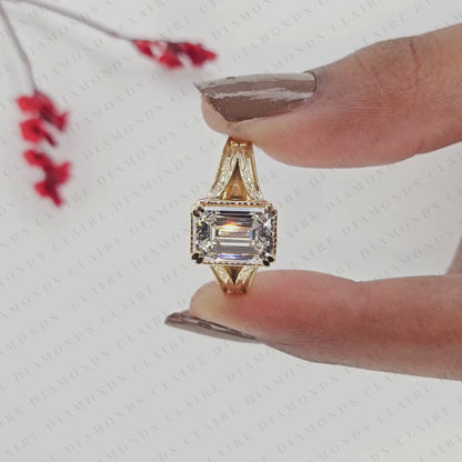 Vintage Emerald Cut Moissanite Diamond Engagement Ring Art Deco Filigree Solitaire Ring Emerald Diamond Ring Gold Promise Ring.