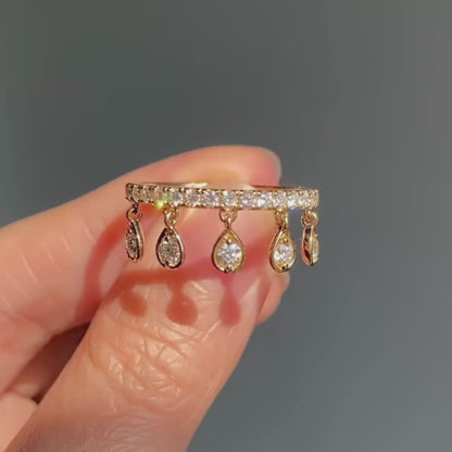 1.50 TCW Elegant Dangling Pear Cut Lab Grown Diamond Drop Ring in Gold Minimalist Pave Band Dangle Ring for Women