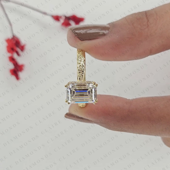 Emerald Cut Lab Grown Diamond Engagement Ring | Engraved Floral Gold Band with Pavé Accents | Vintage-Inspired Bridal Ring