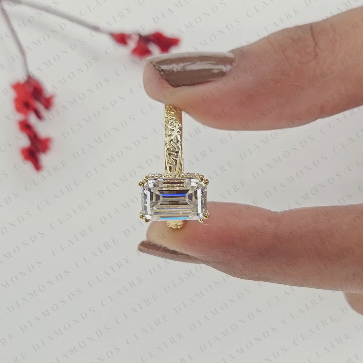 Emerald Cut Lab Grown Diamond Engagement Ring | Engraved Floral Gold Band with Pavé Accents | Vintage-Inspired Bridal Ring