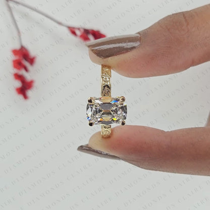 Vintage Old Mine Cushion Cut Solitaire Lab Grown Diamond Ring | Floral Engraved Yellow Gold Engagement Ring