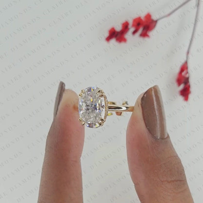 Personalized Custom Initial Oval Lab Grown Diamond Ring with Hidden Halo Setting