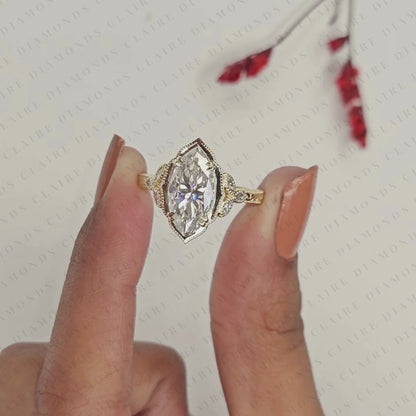 Vintage Marquise Cut Lab Grown Diamond Engagement Ring in Art Deco Inspired Promise Ring