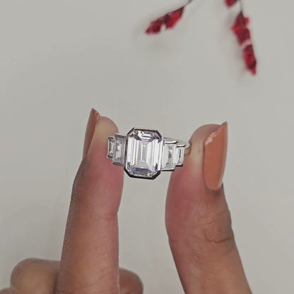 Emerald Cut Three Stone Lab Grown Diamond Engagement Ring Bezel Set Emerald Diamond Ring with Tapered Baguette Side Stones Luxury Bridal Ring
