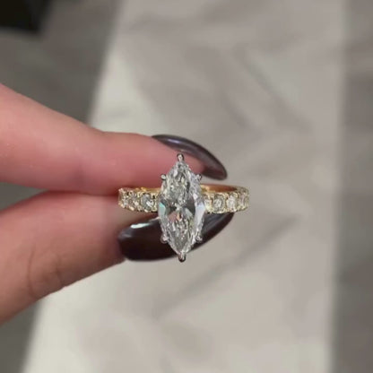 Marquise  Lab Grown Diamond Engagement Ring Yellow Gold Band With Side Diamonds Vintage Milgrain Setting