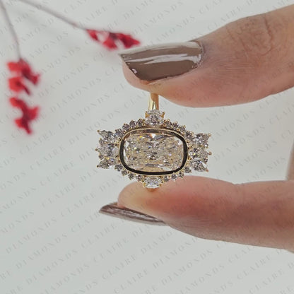 Elongated Cushion Cut Lab Grown Diamond Halo Engagement Ring, Yellow Gold Floral Halo Bridal Ring, Unique Diamond Ring