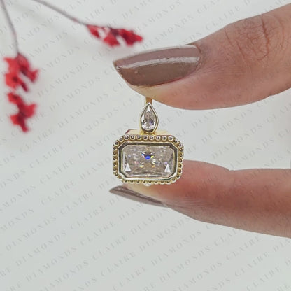 Radiant Cut Lab Grown Diamond Three Stone Engagement Ring | Pear Cut Side Stone Gold Ring | Beaded Bezel Statement Bridal Jewelry | Modern Luxury Wedding Ring