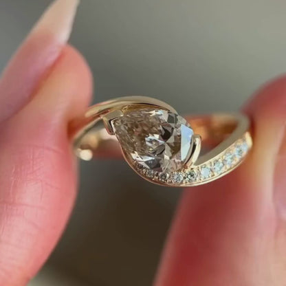Light Brown Pear Lab Grown Engagement Ring V Prong East West Wedding Ring