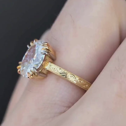 Oval Moissanite Engagement Ring Gold Engraved Band Vintage Claw Prong Solitaire Ring
