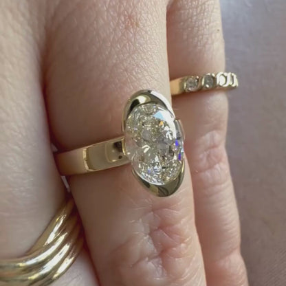 Half Bezel Oval Cut Moissanite Engagement Ring Unique Gold Wedding Anniversary Ring