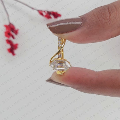 Hexagon Step Cut Lab Grown Diamond Engagement Ring | Yellow Gold Bypass Split Shank Pavé Ring | Modern Geometric Bridal Jewelry | Unique Statement Ring