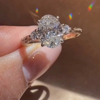 Oval Cut Lab Grown Diamond Ring Vintage Inspired Three Stone Engagement Ring with Side Diamonds Timeless Jewelry