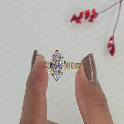 Designer Marquise Lab Grown Diamond Engagement Ring with Channel Set Baguette Diamonds