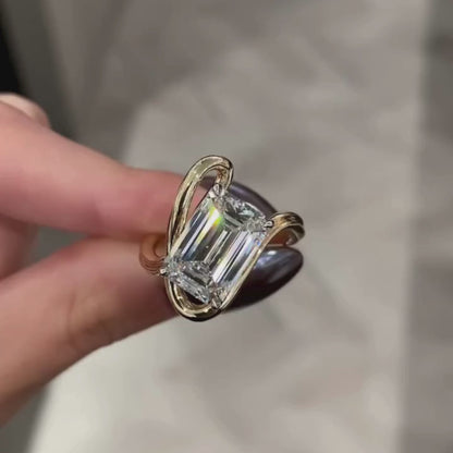 Emerald Moissanite Engagement Ring Curve Band  Gold Wedding Anniversary Ring