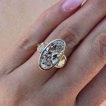 Bezel Set Elongated Oval Cut Engagement Ring Three Stone  Oval Moissanite Ring  Past Present Future Ring Wedding Rings For Her