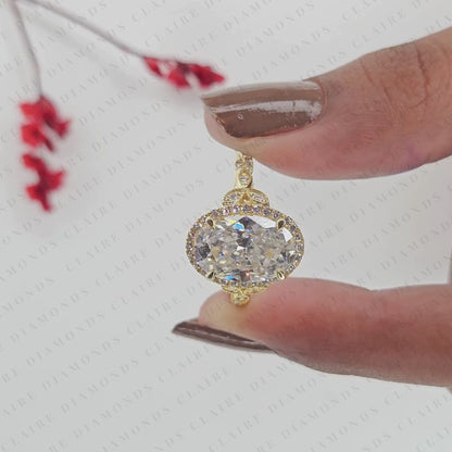 Oval Halo Moissanite Diamond Engagement Ring in Solid Gold With Twisted Vintage Band.