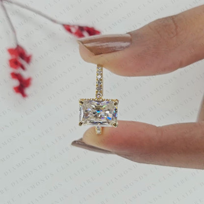 Radiant Cut Moissanite Diamond Engagement Ring with Pave Band in Gold Hidden Halo Ring
