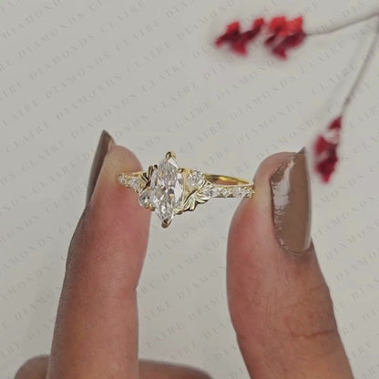 Marquise Cut Moissanite Diamond Engagement Ring with Side Accent Diamonds | Elegant Three Stone Bridal Ring in White Gold