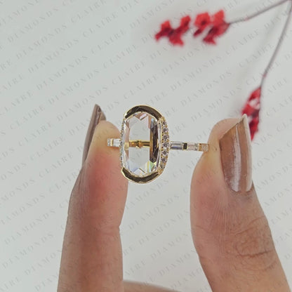 Cushion Rose Cut Lab Grown Diamond Bezel Ring with Baguette Side Stones | Hidden Halo Engagement Ring