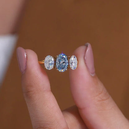 4.00 TCW Elegant Oval Cut Blue Three Stone Moissanite Diamond Engagement Ring in Gold