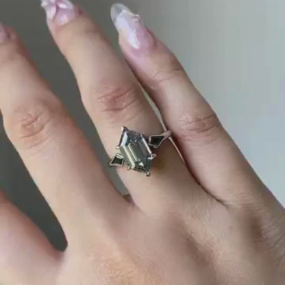 Grey Hexagon Cut Three Stone Engagement Ring in White Gold | Modern Geometric Vintage Inspired Moissanite Diamond Ring