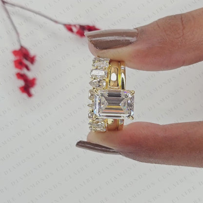 Emerald Cut Lab Grown Diamond Engagement Ring Set Double Band Bridal Set Three Row Diamond Ring Luxury Gold Jewelry
