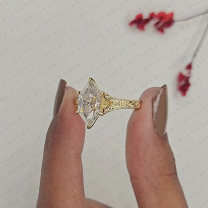 Dutch Marquise Cut Lab Grown Diamond Engagement Ring Vintage Filigree Solitaire Ring, Art Deco Inspired Bridal Ring for Women
