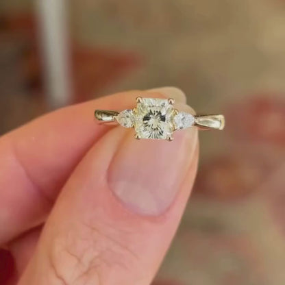 Elegant Cushion Cut Moissanite Diamond Three-Stone Ring in Gold Minimalist Engagement Ring