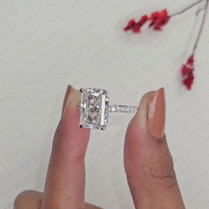 Radiant Cut Hidden Halo Lab Grown Diamonds Engagement Ring with Pavé Band – Luxurious Brilliance for Your Forever