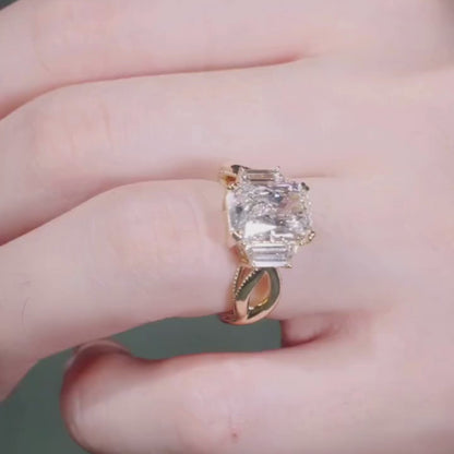Radiant Moissanite Engagement Ring Three Stone Gold Wedding Ring