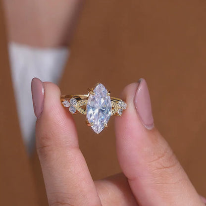 Vintage Lab Grown Marquise Cut Diamond Ring with Elegant Floral Inspired Detailing and Timeless Sparkling Statement Design