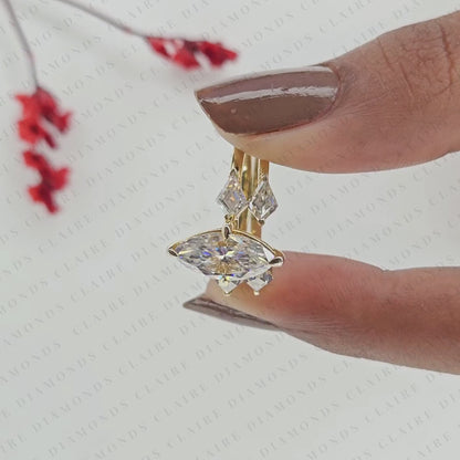 Marquise Cut Lab Grown Diamond Engagement Ring Bridal Set with Kite Cut Three Stone Ring Modern Unique Bridal Jewelry