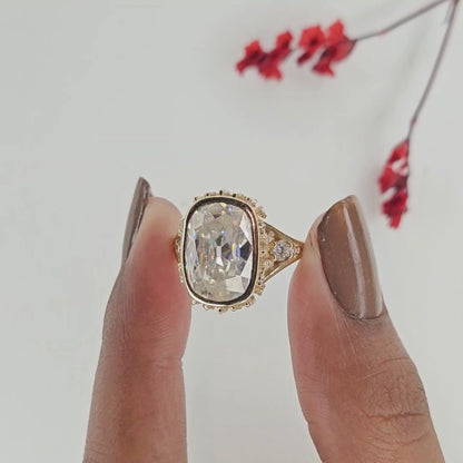 Vintage Elongated Cushion Cut Moissanite Diamond Engagement Ring | Milgrain Bezel Set Statement Ring | Unique Gold Anniversary Ring for Women.