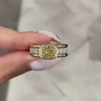 East West Yellow Cushion Lab Grown Engagement Ring Half Bezel Solid Gold Wedding Ring