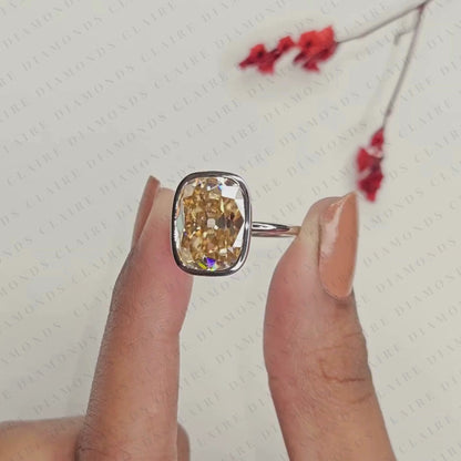 Old Mine Elongated Brown Cushion Cut Bezel Set Solitaire Moissanite Diamonds Engagement Ring – Modern Elegance with Warm Radiance