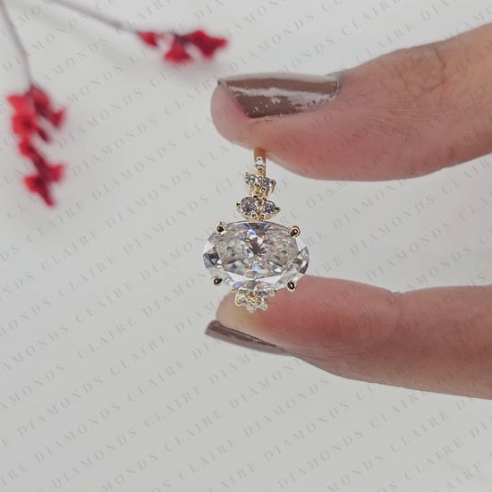 Oval Cut Lab Grown Diamond Band Floral Pave Gold Engagement Ring Nature Inspired Wedding Elegant Luxury Jewelry for Women