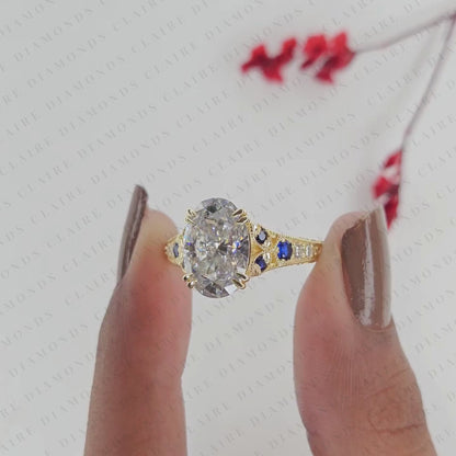 Oval Cut Lab Grown Diamond Engagement Ring | Vintage Art Deco Sapphire & Diamond Yellow Gold Ring